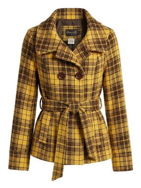 Yellow Brown Plaid Pea Coat Jacket Medium Belted Dark Academia Preppy Wool Blend